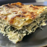 Appetitlich angerichtete vegetarische Spinatlasagne mit frischem Spinat.