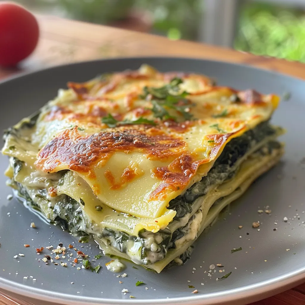 Leckere Schicht von Lasagneplatten, Spinat und Käse in einer weißen Schüssel.