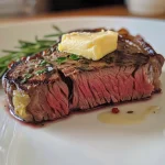 Saftiges Steak mit geschmolzener Kräuterbutter aus der Seite betrachtet.