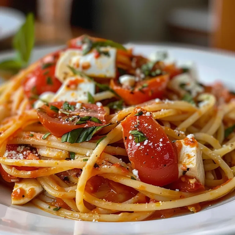 Detailaufnahme von Linguine mit Tomaten und Mozzarella, dekoriert mit frischem Basilikum.
