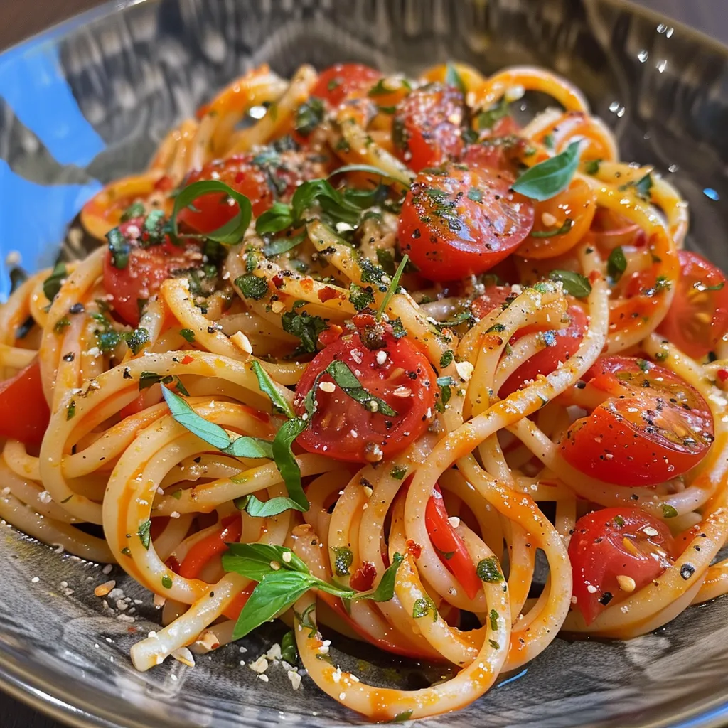 Teller mit Tomate Mozzarella Pasta, lebendige Farben und appetitliche Präsentation.