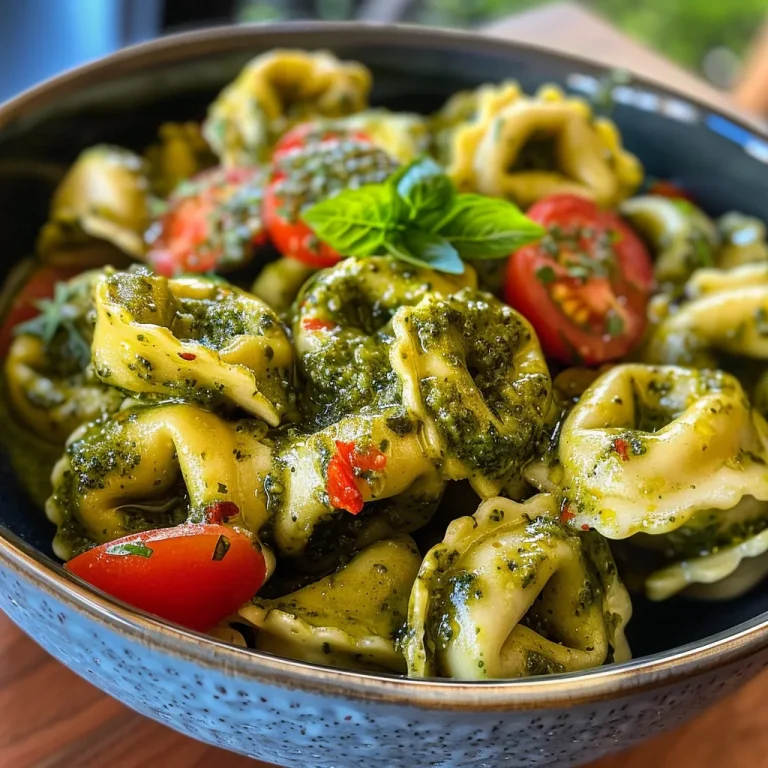 Detailaufnahme von Käsetortellini in einer Pesto-Sauce mit Tomaten.