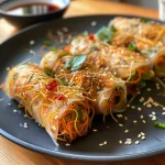 Seitenansicht eines Tellers mit goldbraunen vegetarischen Frühlingsrollen.