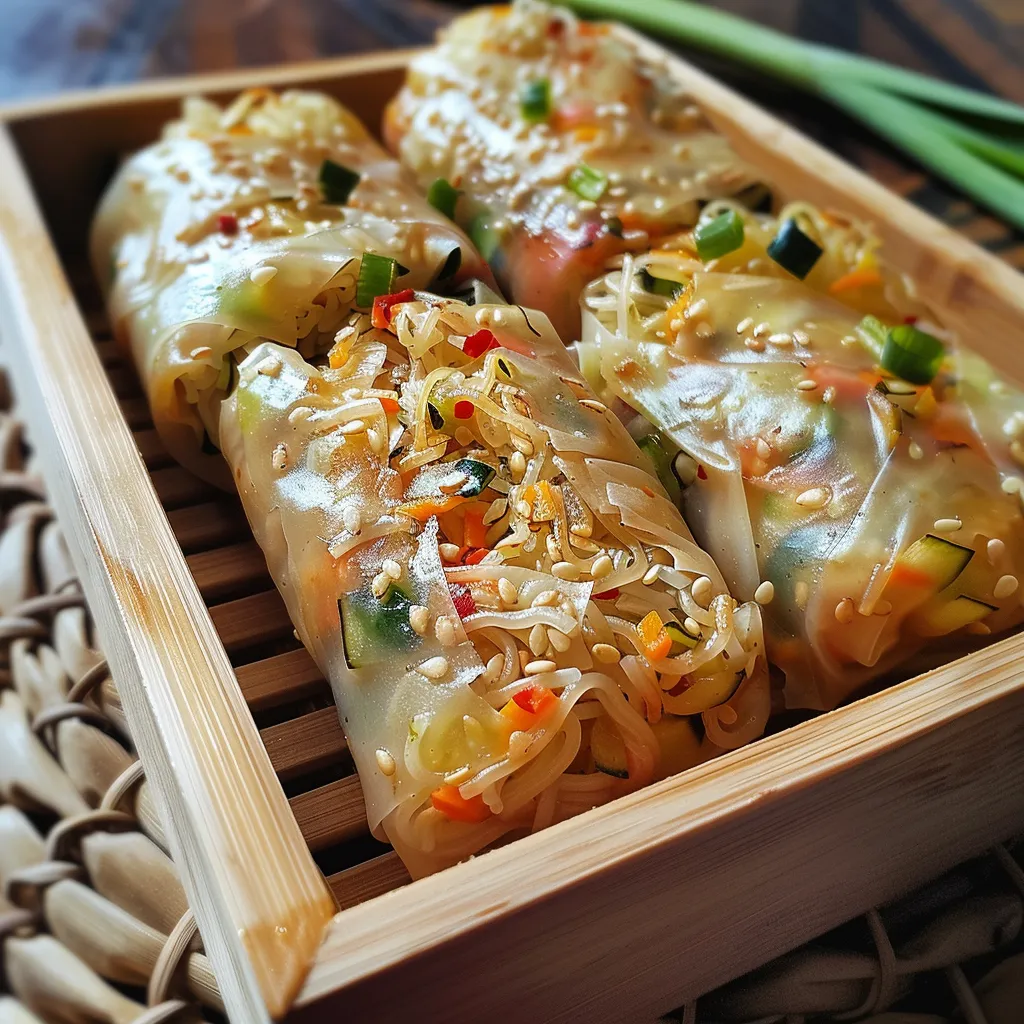 Frisch zubereitete vegetarische Frühlingsrollen, serviert mit Limette und Sojasauce.