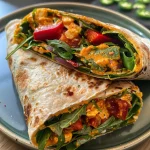 Frisch zubereitete vegetarische Wraps auf einem Teller, voller gesunder Zutaten.