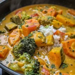 Seitenansicht von schmackhaftem vegetarischem Curry, zubereitet mit Kokosmilch und frischem Gemüse.