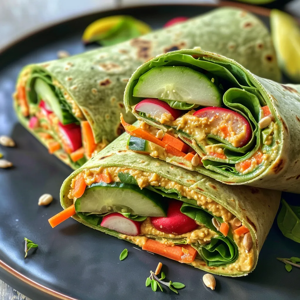 Close-up von frischen Wraps mit Gemüse der Saison und Hummusfüllung.