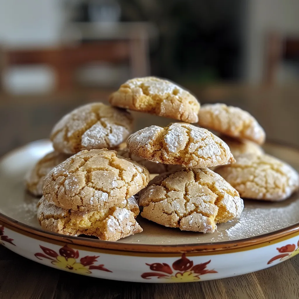Detailaufnahme von Zitronen Crinkle Cookies, die in Puderzucker getaucht sind.