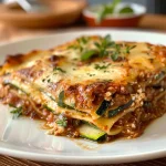 Detailaufnahme einer Zucchini Lasagne, die in Schichten mit Tomatensauce und Käse aufgebaut ist.