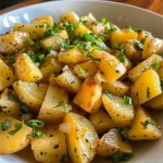 Naheaufnahme von einer Schüssel mit griechischem, milchfreiem Zitronen-Kartoffelsalat.