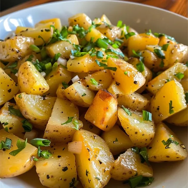 Ensalada de Papa al Limón: Frescura y Sabor en Cada Bocado Naheaufnahme von einer Schüssel mit griechischem, milchfreiem Zitronen-Kartoffelsalat.