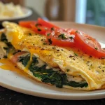 Nahaufnahme eines saftigen Spinach- und Käseomeletts.