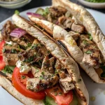 Nahaufnahme von saftigem Hähnchen-Gyros in Pitabrot mit frischem Gemüse und Feta-Tzatziki.