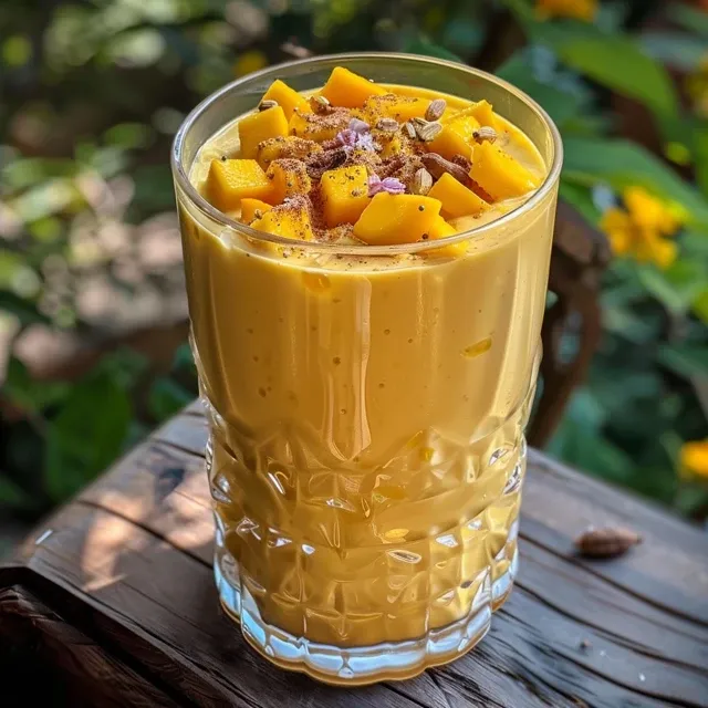 Mango Lassi: Ein Erfrischender Genuss für Jedes Herz Nahe Ansicht eines erfrischenden Mango Lassi in einem Glas, mit gelber Farbe und cremiger Konsistenz.