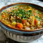 Nahaufnahme einer Schüssel mit herzhaftem und gesundem Linsensuppe.