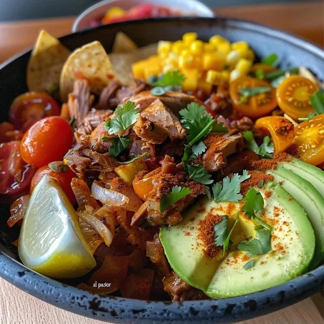 Genussvolle Taco-Bowl al Pastor : Ein Fest der Farben und Aromen Bunte Taco-Bowl „al Pastor“ mit frischen Zutaten auf einem Teller.