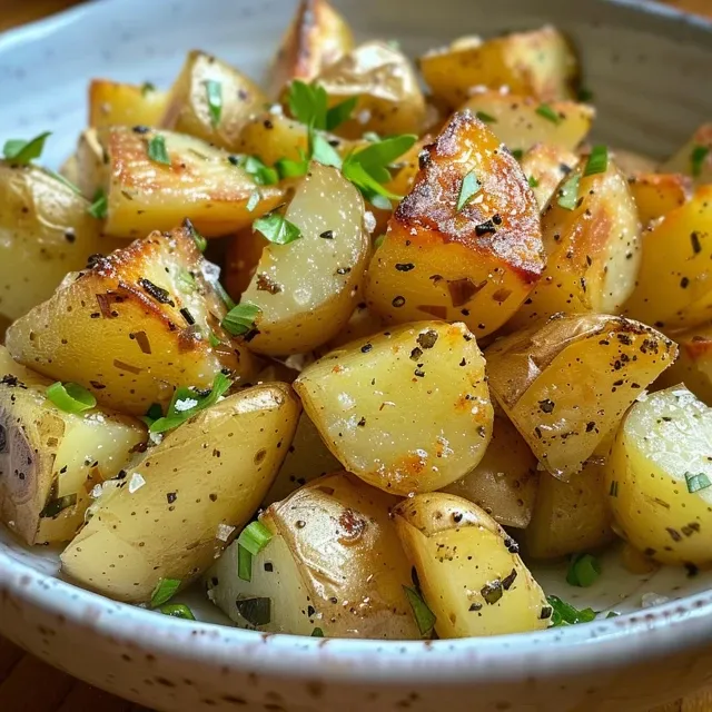 Seiteansicht eines frischen Kartoffelsalats ohne Milchprodukte, dekoriert mit frischen Kräutern.