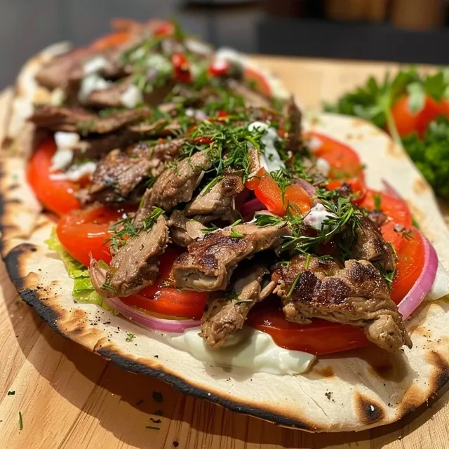 Detailaufnahme von Mediterranem Hähnchen-Gyros, serviert mit Zwiebeln, Tomaten und Tzatziki.