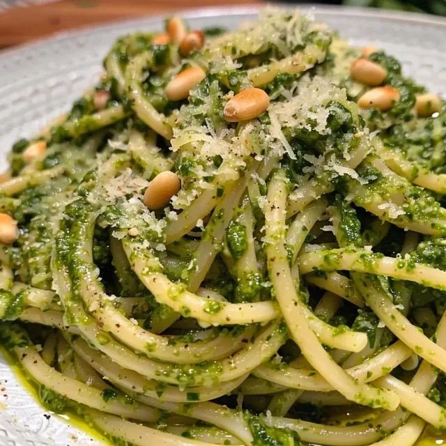 Grünes Pesto mit Zutaten wie Basilikum, Knoblauch und Nüssen.