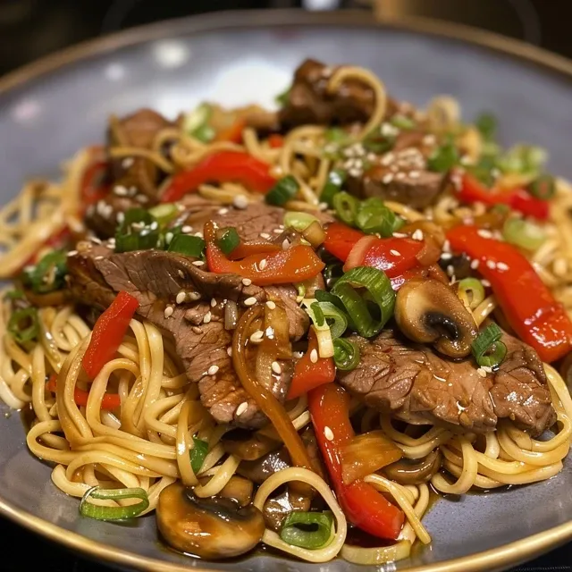 Seiteansicht von zartem Rindfleisch, serviert mit Lo Mein Nudeln und frischem Gemüse.