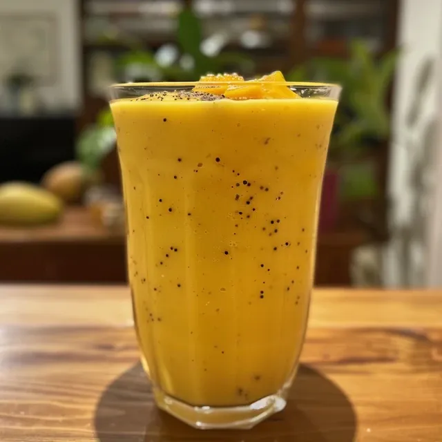 Seitenansicht eines Mango Lassi, serviert mit Eiswürfeln, in einem modernen Glas.