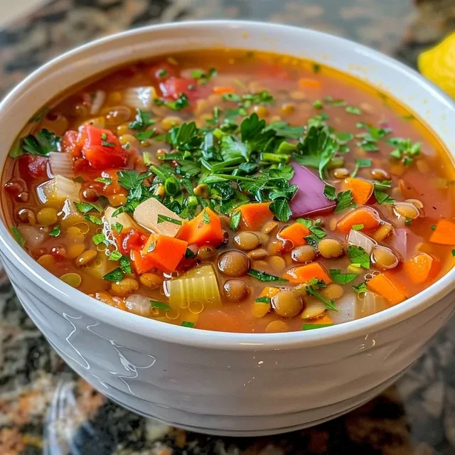 Seitenansicht einer dampfenden Linsensuppe mit frischen Kräutern.
