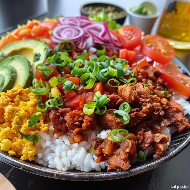 Nahaufnahme einer bunten Taco-Bowl „al Pastor“ mit verschiedenen Toppings.