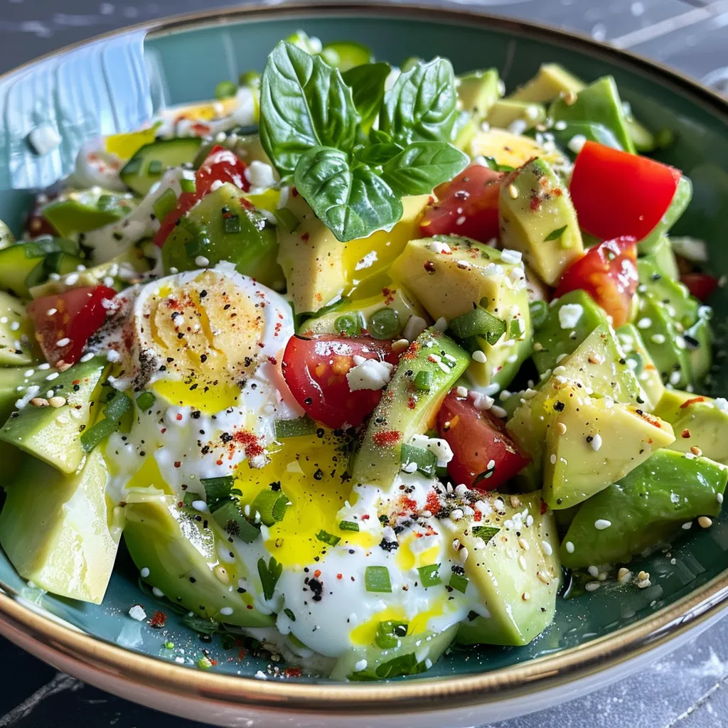 Seitenansicht eines frischen Avocado-Eier-Salats mit Eiern und Zwiebeln.