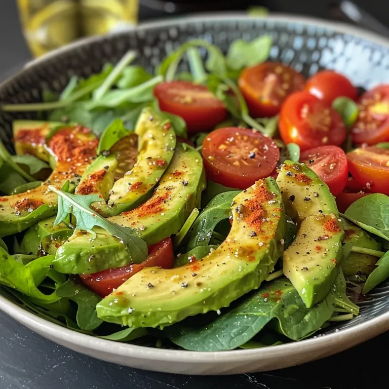 Frische Farben auf dem Teller: Gesunder Avocado Hähnchen Salat für jeden Tag Nahaufnahme eines frischen Avocado Hähnchen Salats in einer Schüssel.
