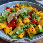 Saftiger Avocado Mango Salat in einer Schüssel, aus der Seitenansicht aufgenommen.