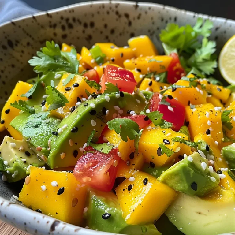 Nahaufnahme eines Avocadosalats mit Mango und frischen Zutaten.