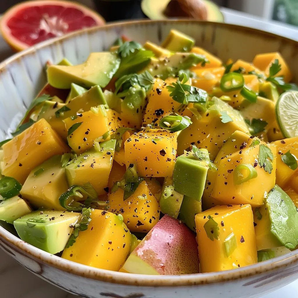 Seiteansicht eines bunten Avocadosalats mit Mango, Zwiebeln und Kräutern.