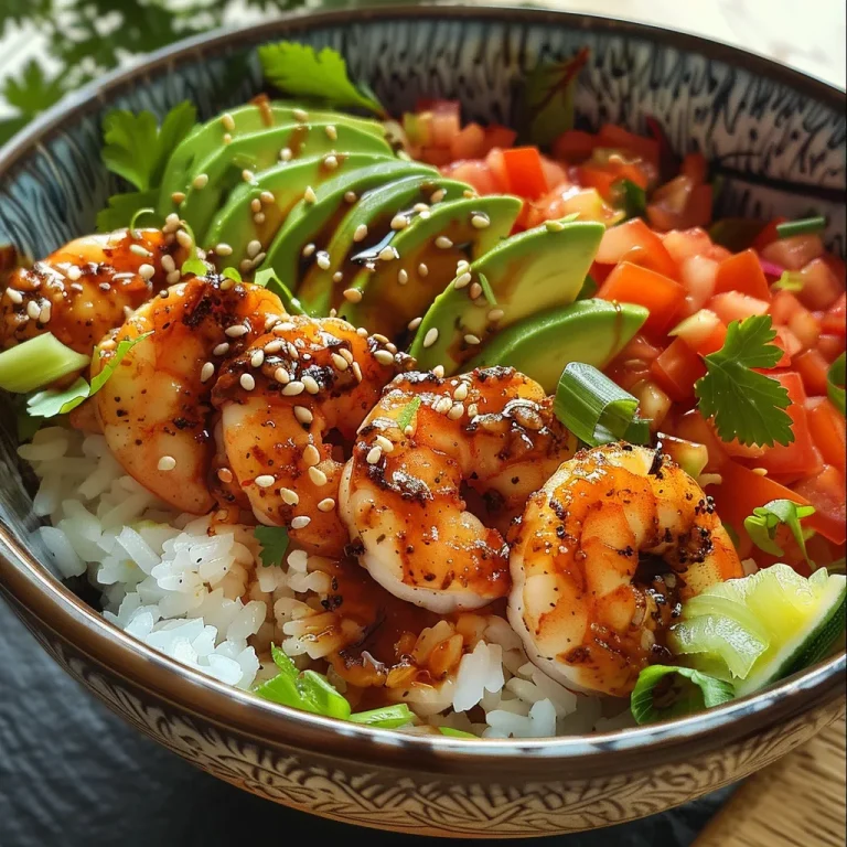 Nahaufnahme einer bunten Avocado Garnelen Schüssel mit Reis.