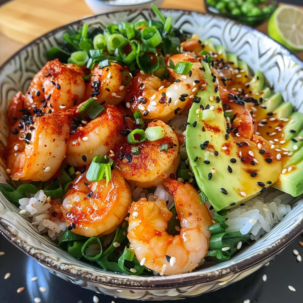Seitenansicht einer frischen Avocado Garnelen Bowl mit Gemüse und Sesam.