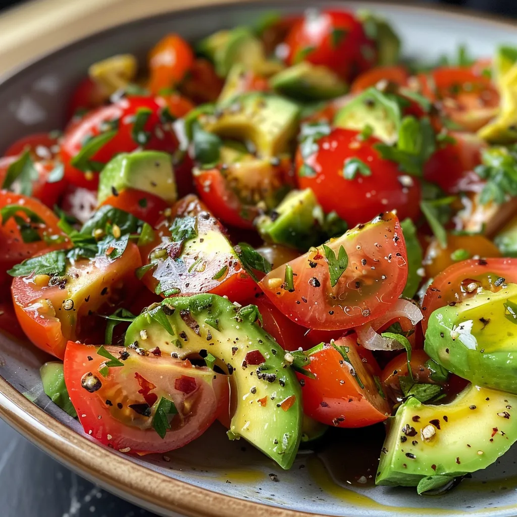 Seiteansicht eines bunten Avocado Tomaten Salats auf einem Teller.