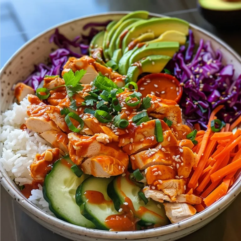 Nahaufnahme eines Bang Bang Chicken Bowls mit frischen Zutaten.