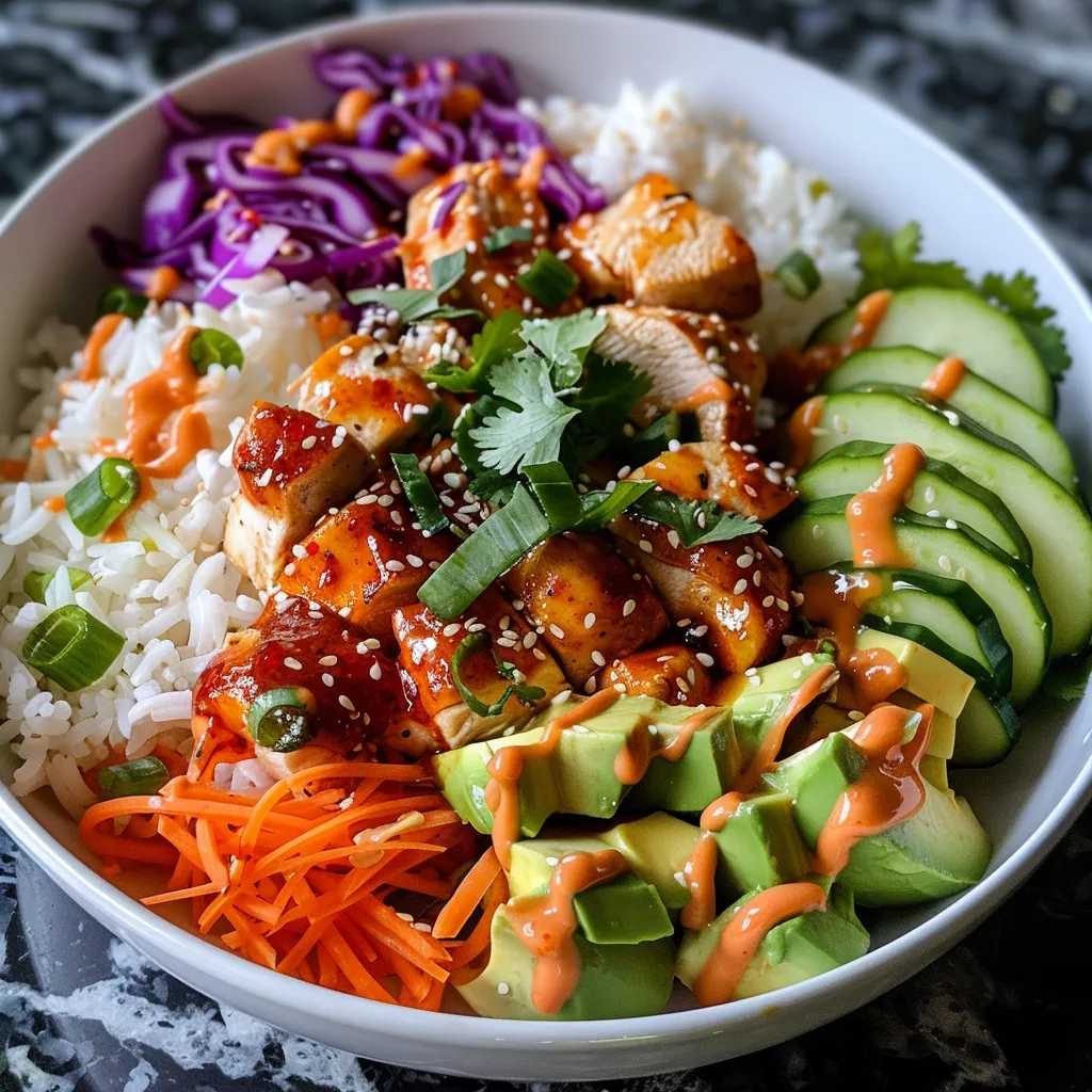 Seiteansicht eines appetitlichen Bang Bang Chicken Bowls mit Gemüse und Hähnchen.
