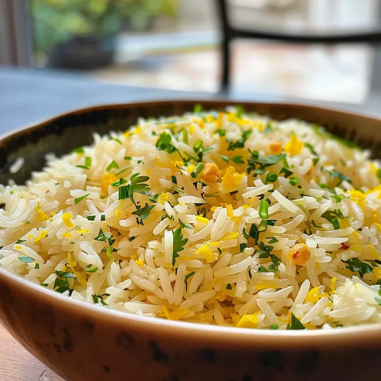 Zitronenfrischer Basmati Reis für entspannte Kochmomente Nahaufnahme von Basmati Reis mit Zitrone, garniert mit frischer Petersilie.