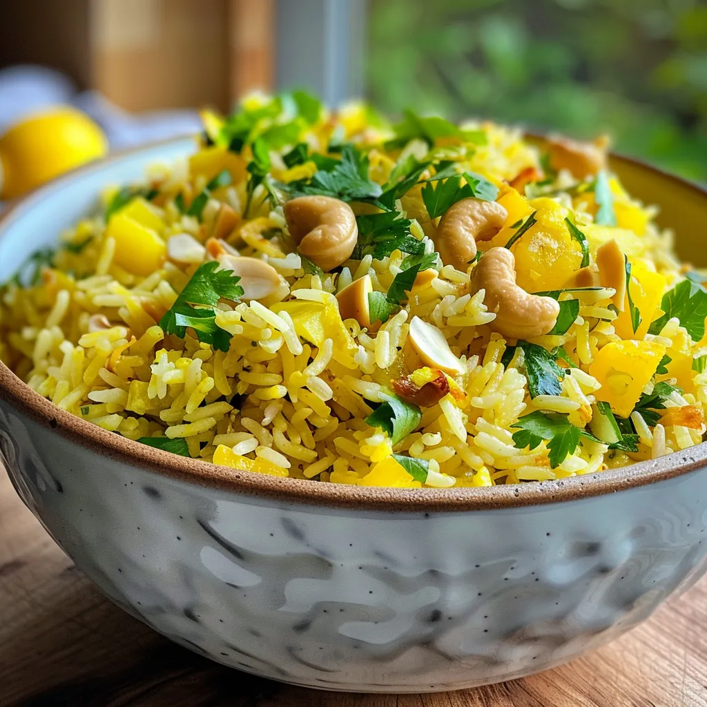 Seiteansicht von Basmati Reis, der mit Zitronenscheiben und Cashewkernen dekoriert ist.