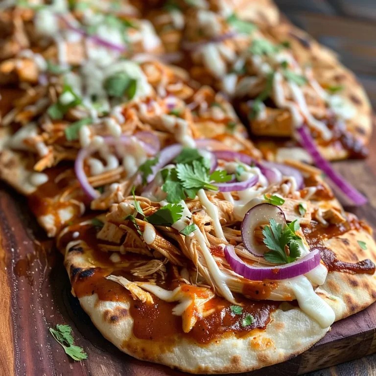 Saftiges BBQ-Hühnchen-Fladenbrot mit geschmolzenem Käse und frischem Gemüse.