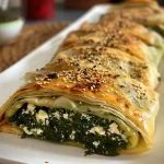 Saftiges Börek mit Spinat und Feta in Schneckenform auf einem runden Blech.