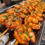 Saftige gegrillte Garnelenspieße auf einem Grill.
