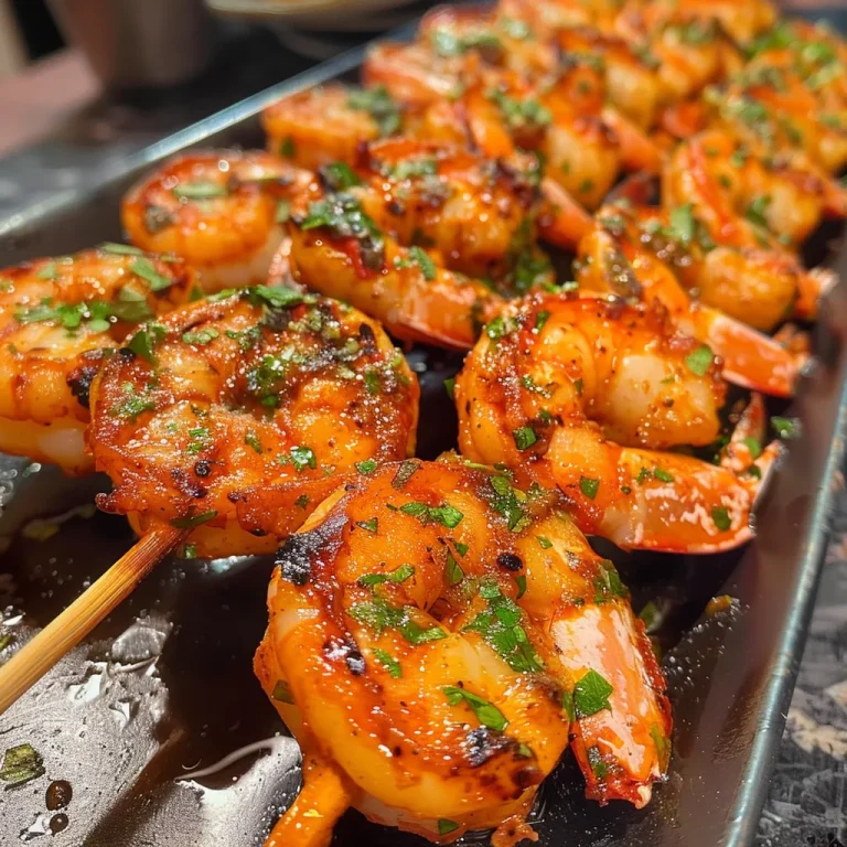 Saftige gegrillte Garnelenspieße auf einem Grill.