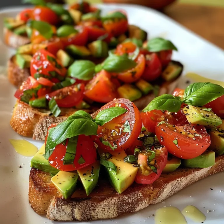 Nahaufnahme von Bruschetta mit Tomaten und Avocado.