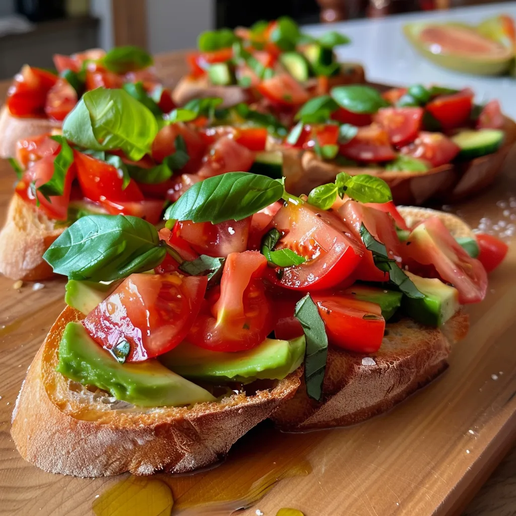 Seiteansicht einer leckeren Bruschetta mit frischen Zutaten.