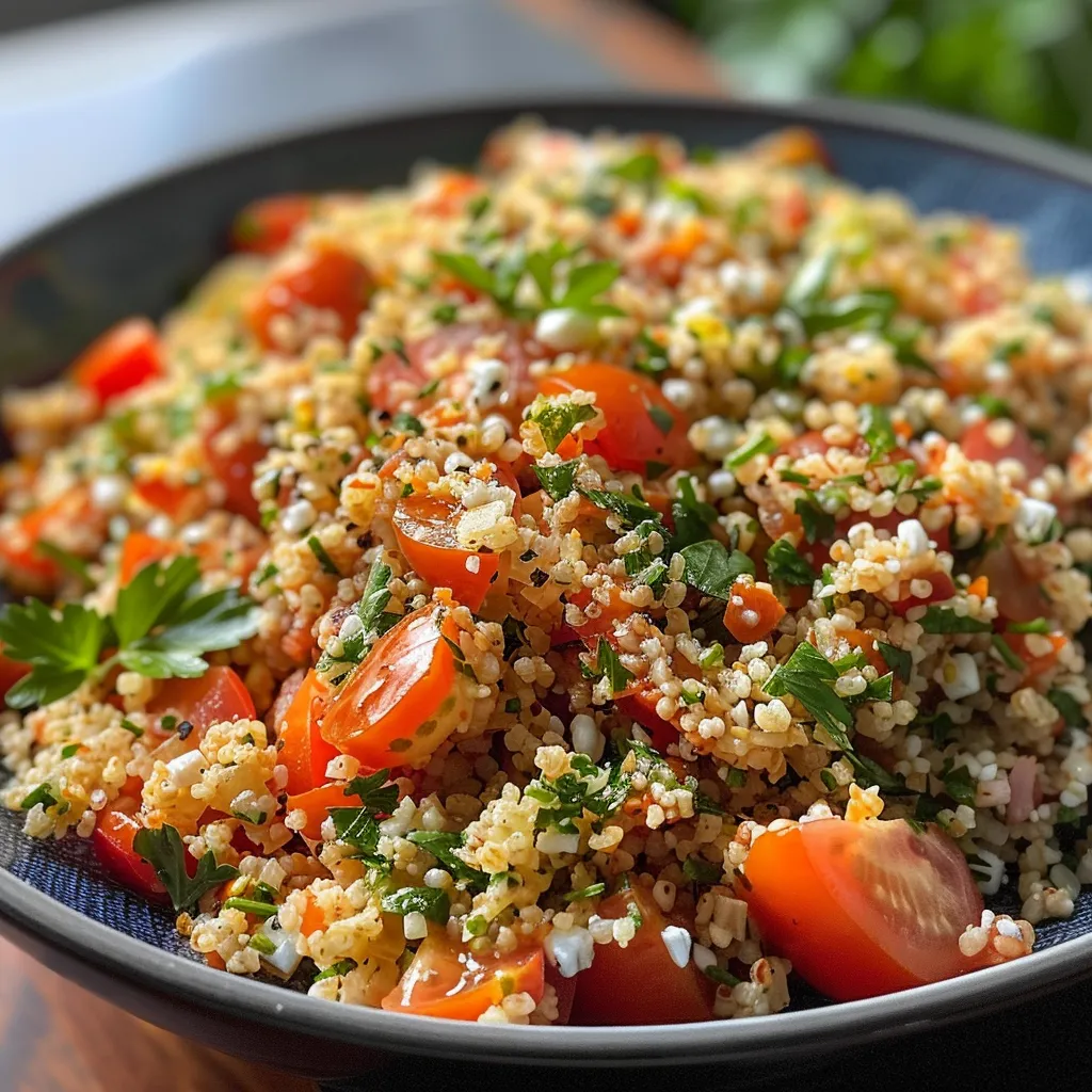Seiteansicht eines bunten Bulgursalats mit Paprika und Tomaten.