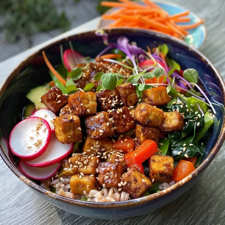 Nahaufnahme einer bunten Reisnudel-Bowl mit mariniertem Tempeh, frischem Gemüse und Erdnüssen.