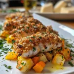 Nahaufnahme eines Bunter Kartoffel Thunfisch Auflaufs in einem weißen Gefäß.