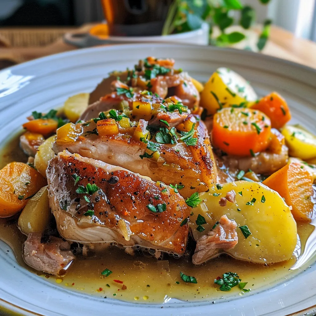 Seiteansicht eines köstlichen Thunfisch Auflaufs aus bunten Kartoffeln und Käse.