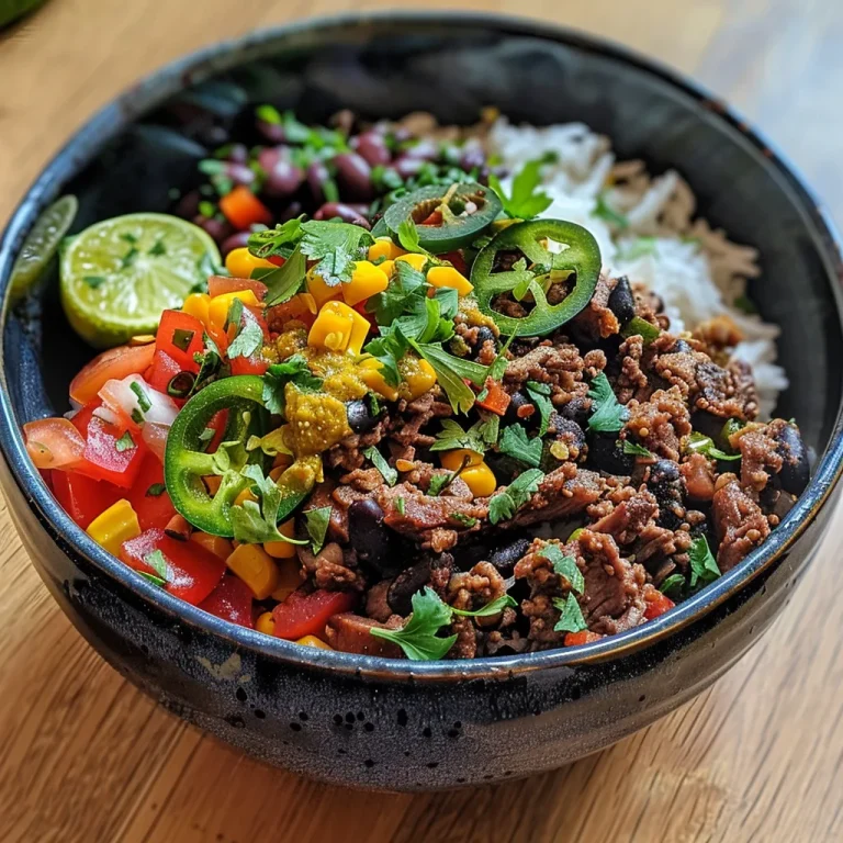 Nahaufnahme eines Burrito-Bowls mit Rinderhack und frischem Gemüse.